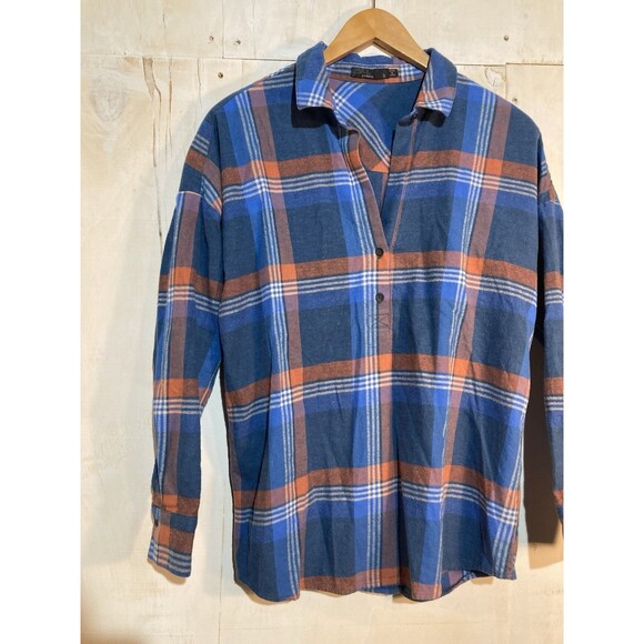 prAna Button Up Oversize Plaid Flannel Tunic Shirt Womens Small Blue Orange - Picture 2 of 9